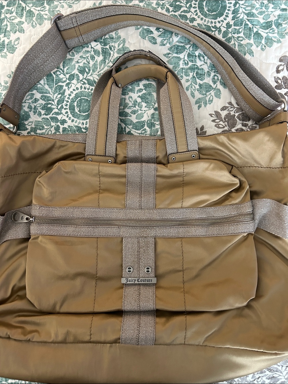 Juicy Couture Olive-Tan Duffel Bag with Metallic Trim